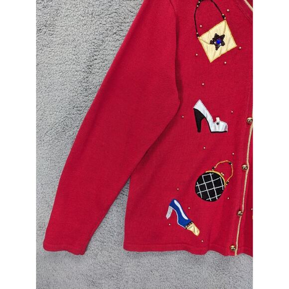 Susan Graver Button Front Cardigan Women XL Red Novelty Embellished V Neck R68 - Picture 5 of 12